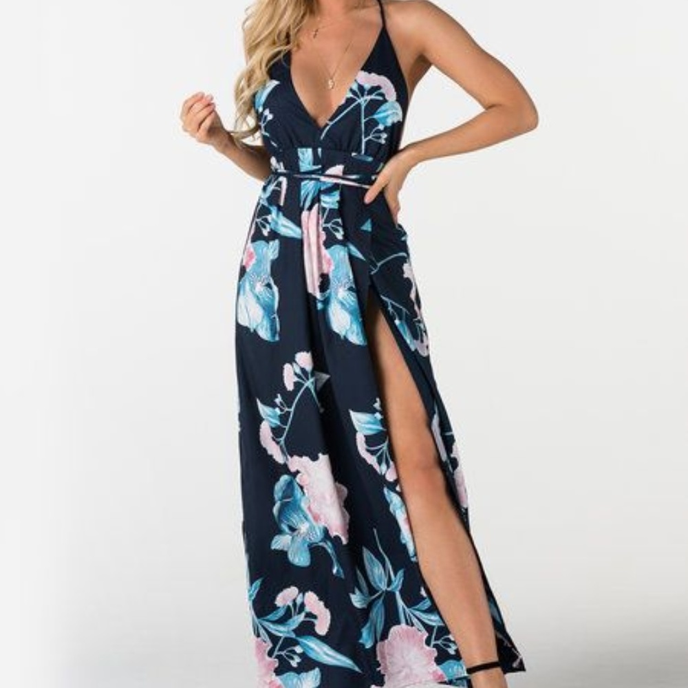 YOINS Open Back Slit Hem Floral Print V-neck dress